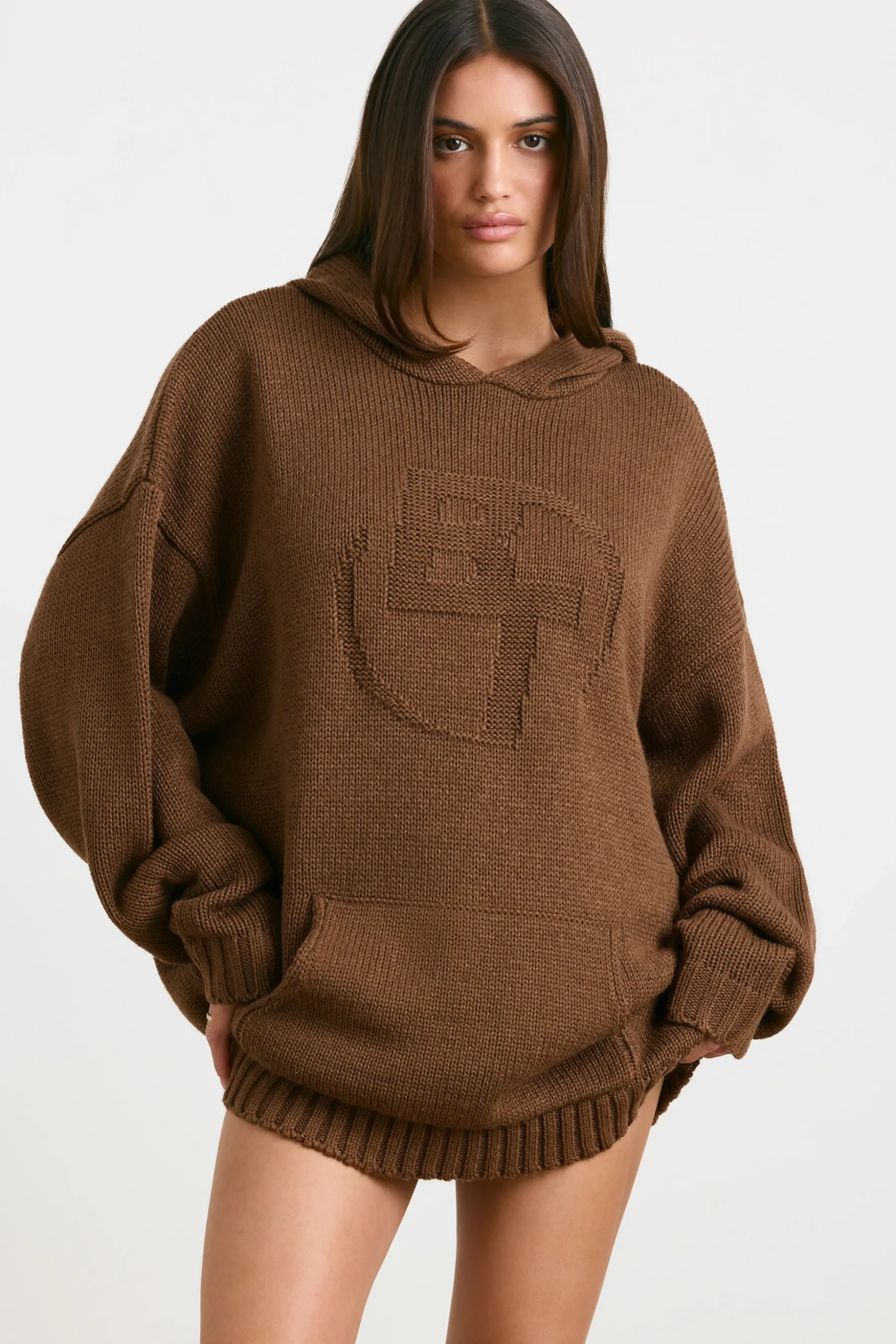 Oh Polly Knitwear | Sweatshirts^Oversized Chunky Knit Hoodie in Espresso