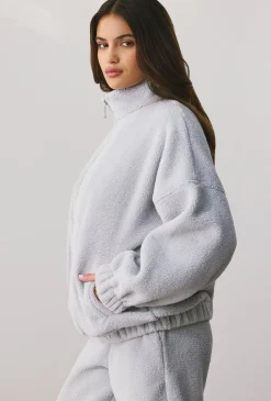 Oh Polly Coats^Oversized Fleece Zip Up Jacket in Fog