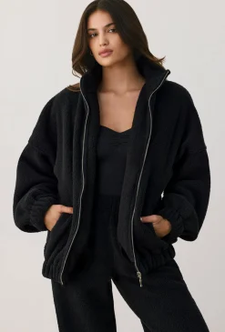 Oh Polly Coats^Oversized Fleece Zip Up Jacket in Onyx