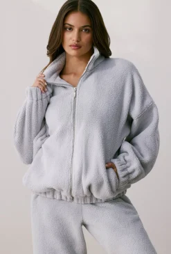 Oh Polly Coats^Oversized Fleece Zip Up Jacket in Fog