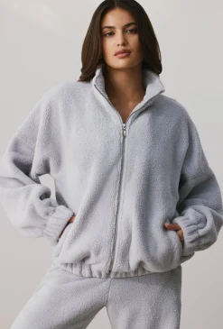 Oh Polly Coats^Oversized Fleece Zip Up Jacket in Fog