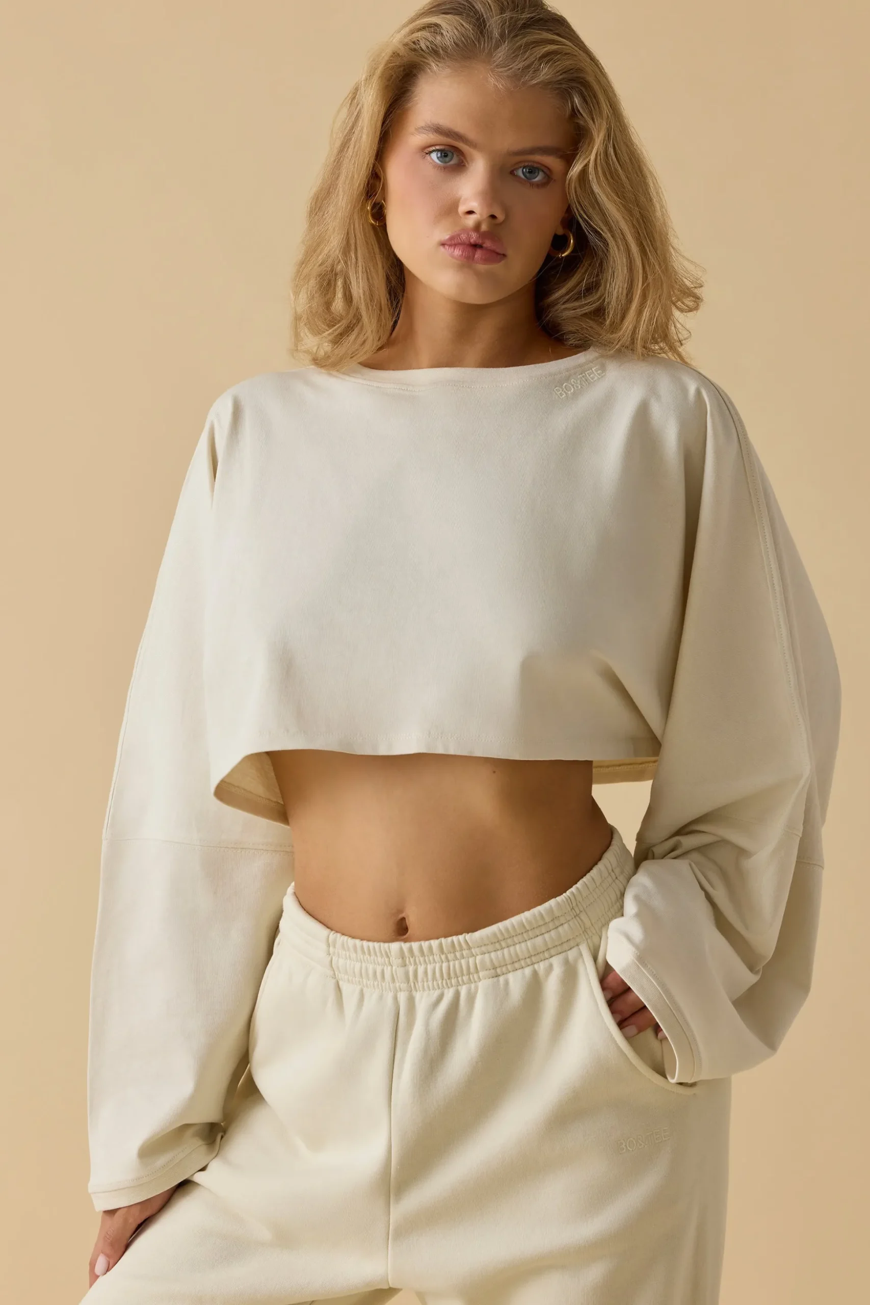 Oh Polly Tops^Oversized Long Sleeve Crop Top in Bone