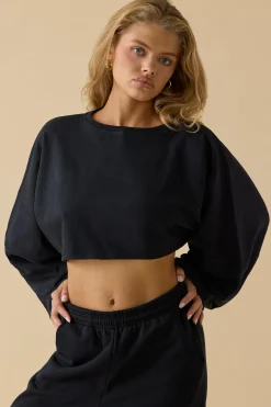 Oh Polly Tops^Oversized Long Sleeve Crop Top in Black
