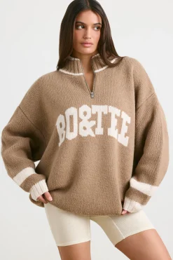 Oh Polly Knitwear^Oversized Quarter-Zip Chunky-Knit Jumper in Espresso