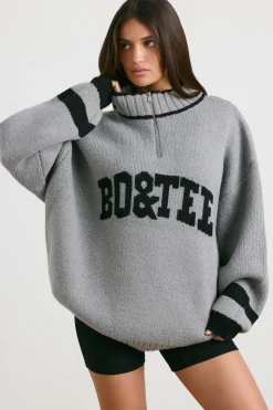 Oh Polly Knitwear | Sweatshirts^Oversized Quarter-Zip Chunky-Knit Jumper in Heather Grey HeatherGrey