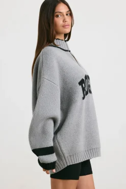 Oh Polly Knitwear | Sweatshirts^Oversized Quarter-Zip Chunky-Knit Jumper in Heather Grey HeatherGrey