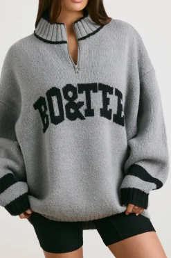 Oh Polly Knitwear | Sweatshirts^Oversized Quarter-Zip Chunky-Knit Jumper in Heather Grey HeatherGrey
