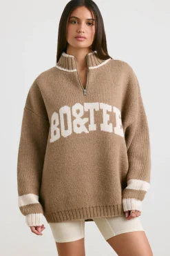 Oh Polly Knitwear^Oversized Quarter-Zip Chunky-Knit Jumper in Espresso
