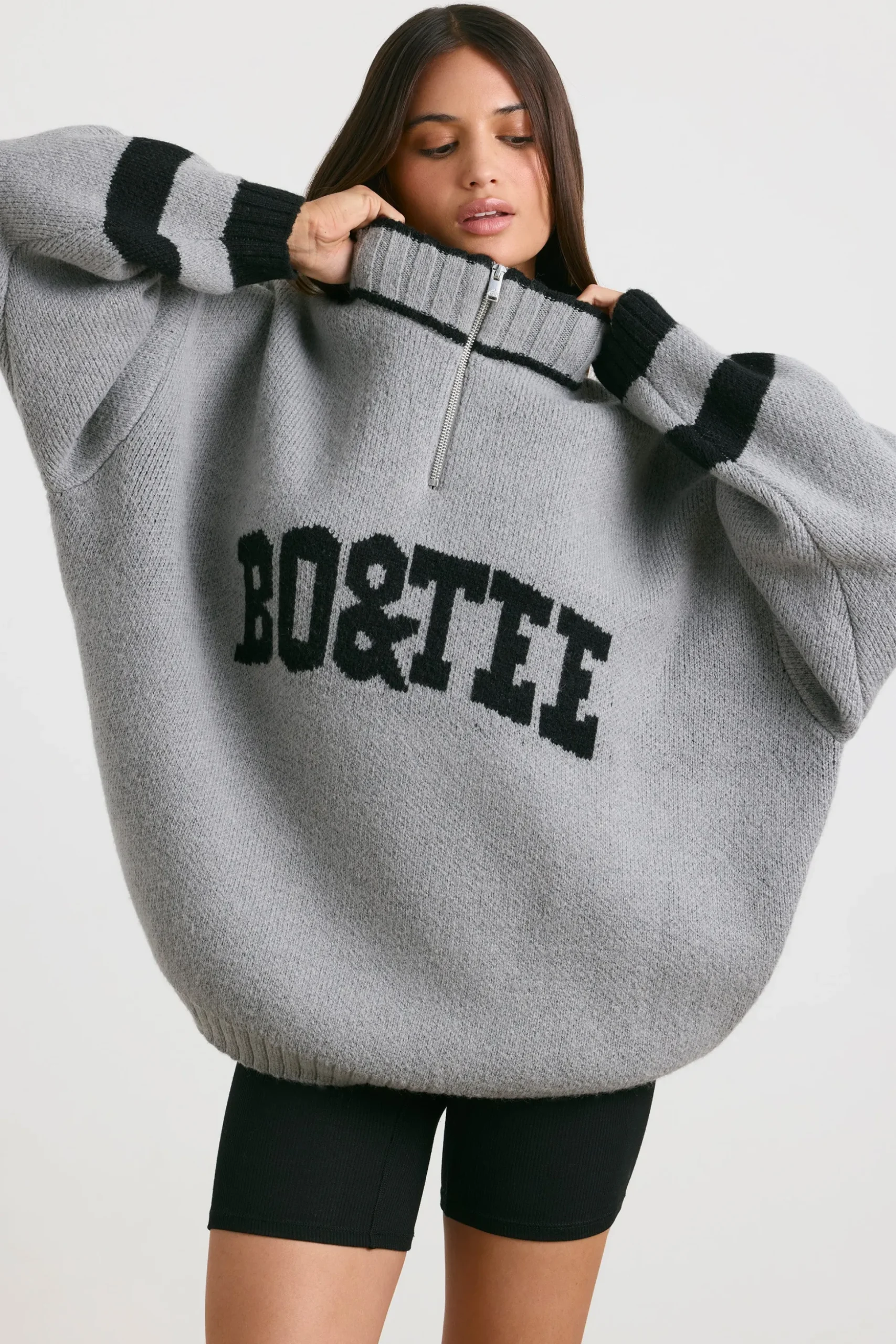 Oh Polly Knitwear | Sweatshirts^Oversized Quarter-Zip Chunky-Knit Jumper in Heather Grey HeatherGrey