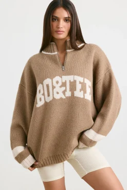 Oh Polly Knitwear^Oversized Quarter-Zip Chunky-Knit Jumper in Espresso