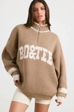 Oh Polly Knitwear^Oversized Quarter-Zip Chunky-Knit Jumper in Espresso