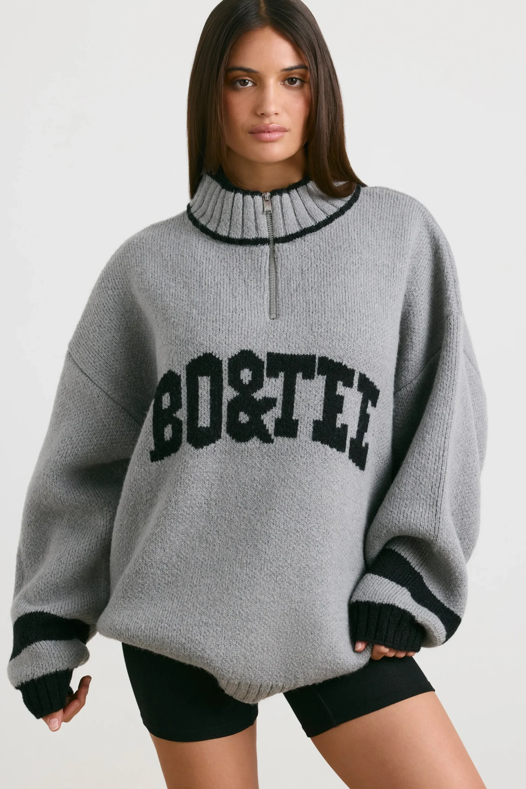 Oh Polly Knitwear | Sweatshirts^Oversized Quarter-Zip Chunky-Knit Jumper in Heather Grey HeatherGrey