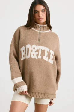 Oh Polly Knitwear^Oversized Quarter-Zip Chunky-Knit Jumper in Espresso