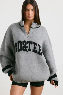 Oh Polly Knitwear | Sweatshirts^Oversized Quarter-Zip Chunky-Knit Jumper in Heather Grey HeatherGrey