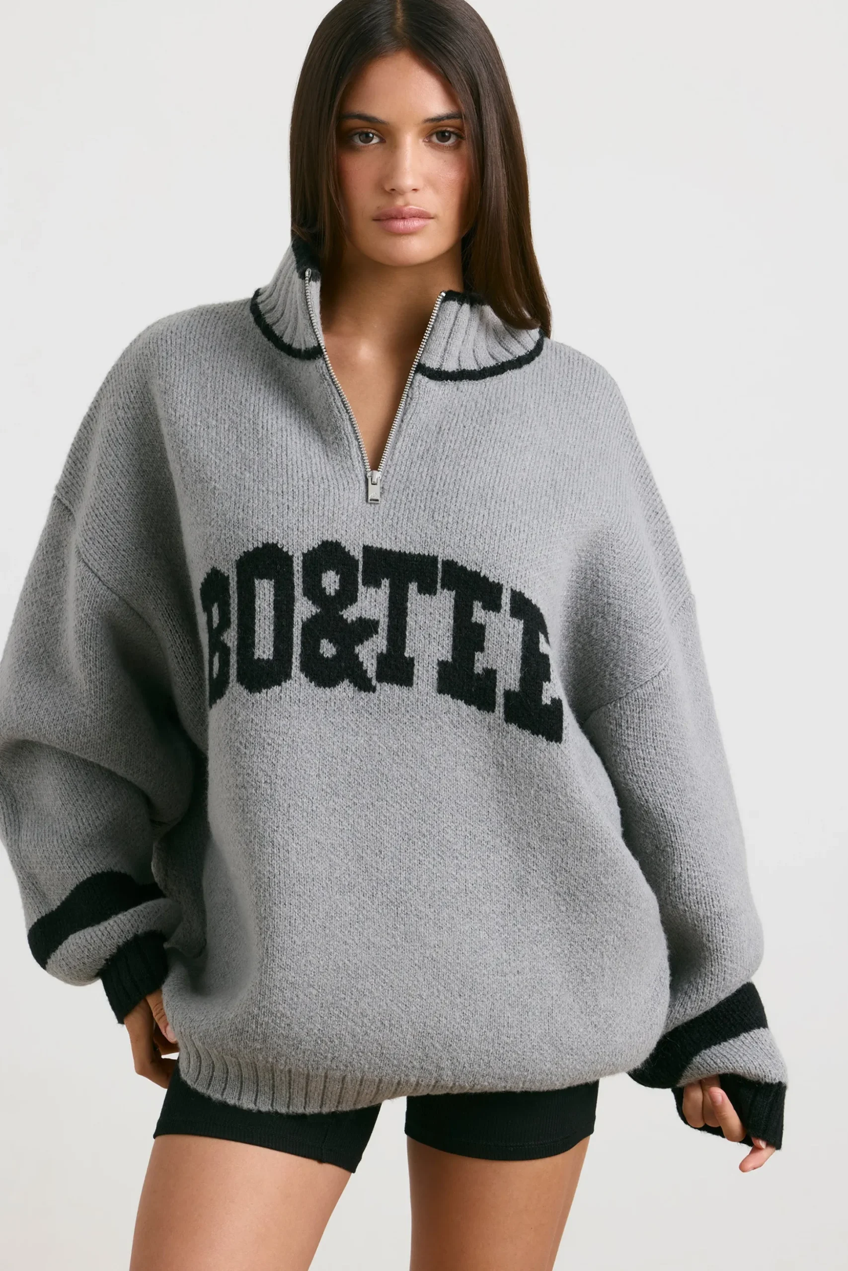 Oh Polly Knitwear | Sweatshirts^Oversized Quarter-Zip Chunky-Knit Jumper in Heather Grey HeatherGrey