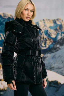 Oh Polly Coats^Oversized Quilted Hooded Ski Jacket in Black