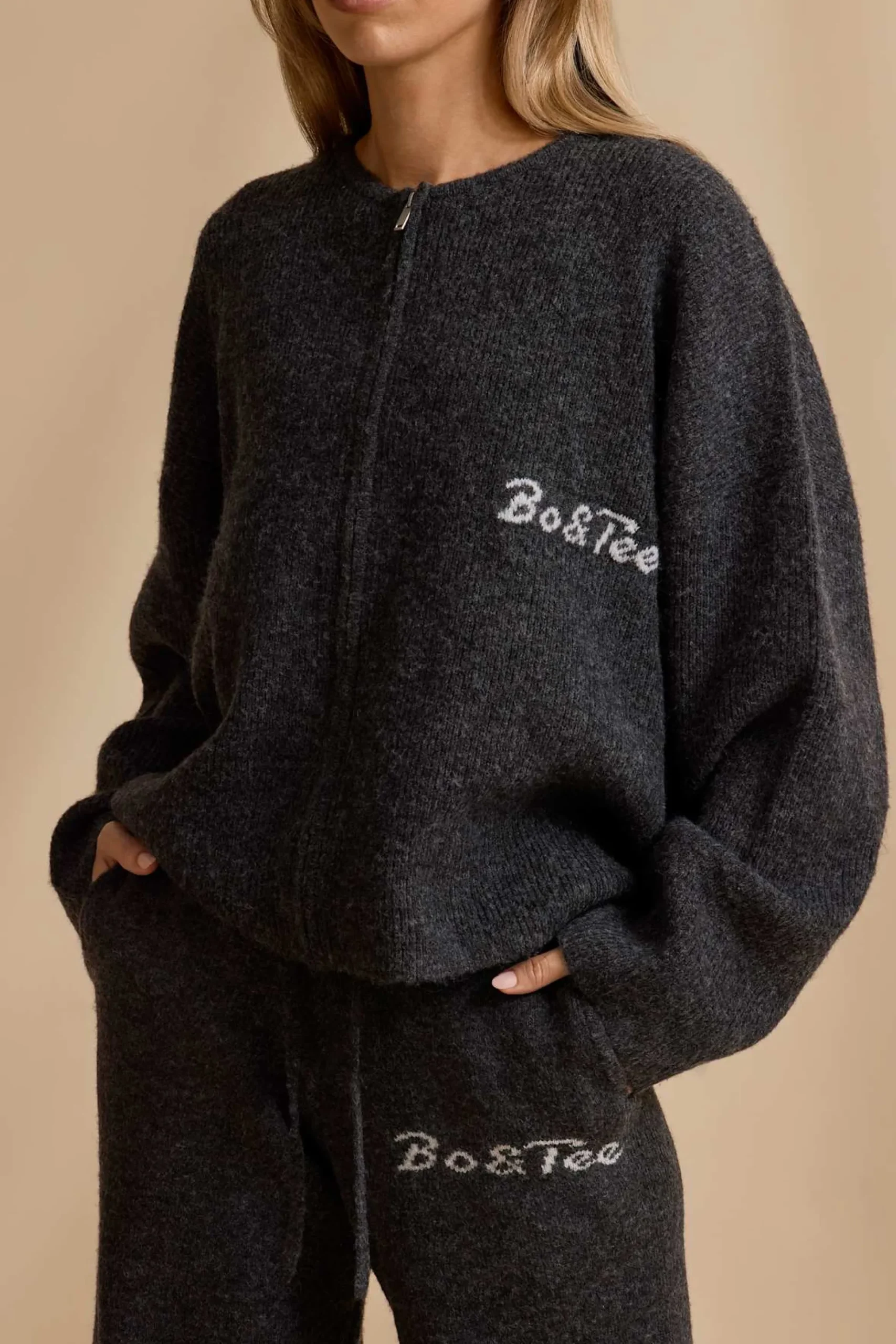 Oh Polly Knitwear^Oversized Zip-Up Cardigan in Charcoal Marl CharcoalMarl