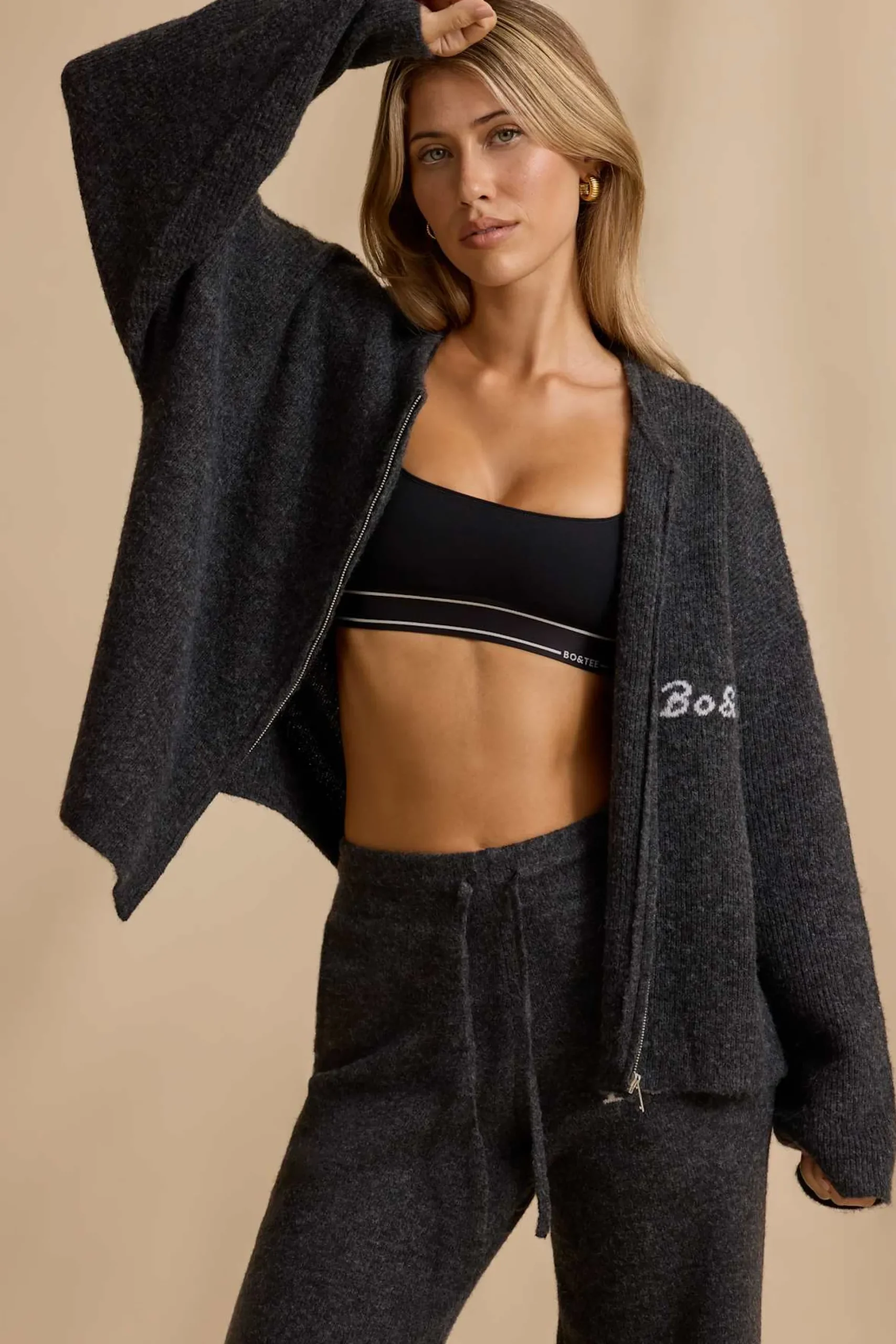 Oh Polly Knitwear^Oversized Zip-Up Cardigan in Charcoal Marl CharcoalMarl