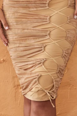 Oh Polly Women'S Clothing Sale - $65 And Under | Women'S Clothing Sale - $40 And Under^Paneled Drawstring Midi Dress in Beige Print BeigePrint