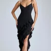 Oh Polly Georgette And Chiffon^Panelled Ruffle Evening Gown in Black