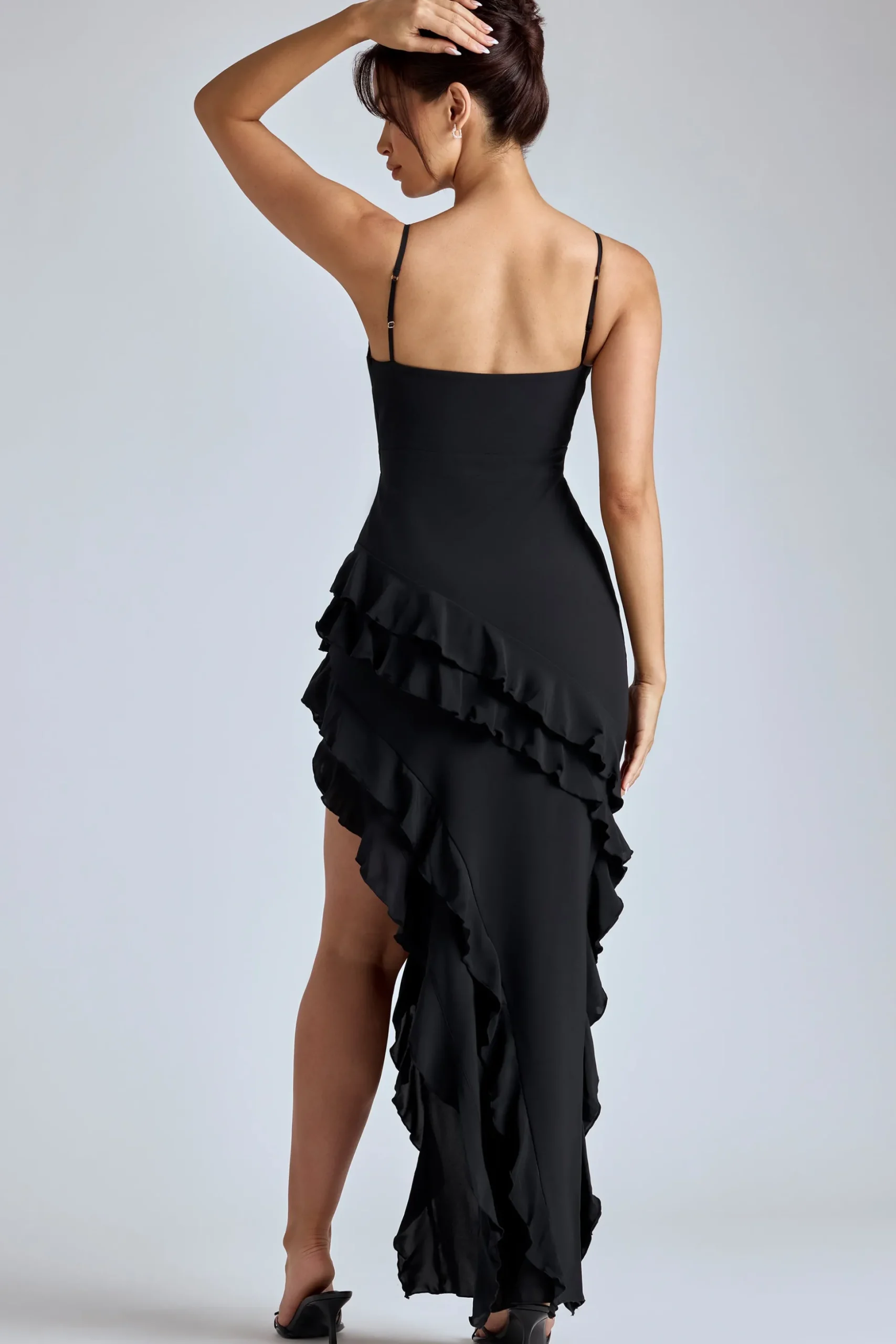 Oh Polly Georgette And Chiffon^Panelled Ruffle Evening Gown in Black