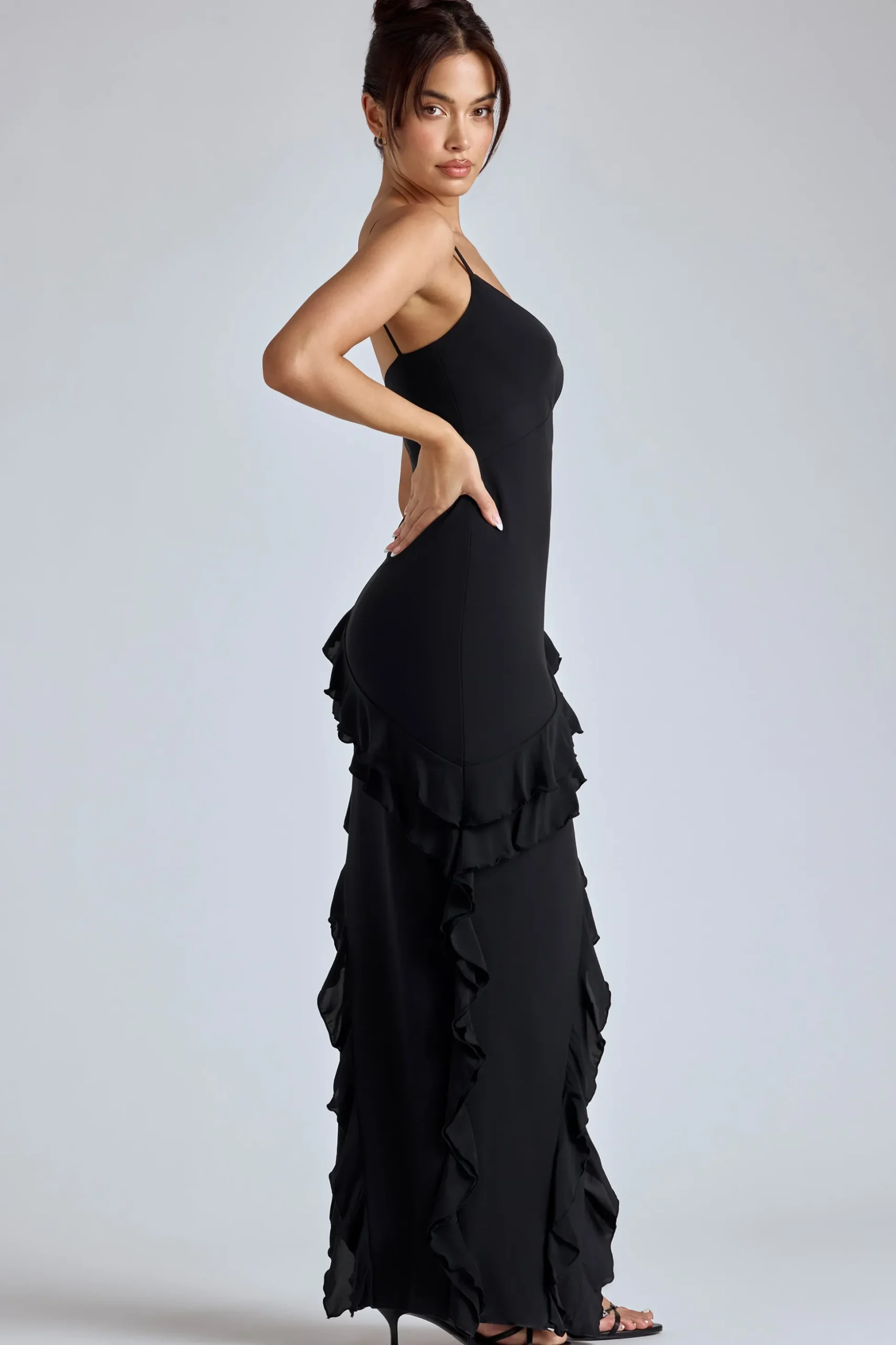 Oh Polly Georgette And Chiffon^Panelled Ruffle Evening Gown in Black