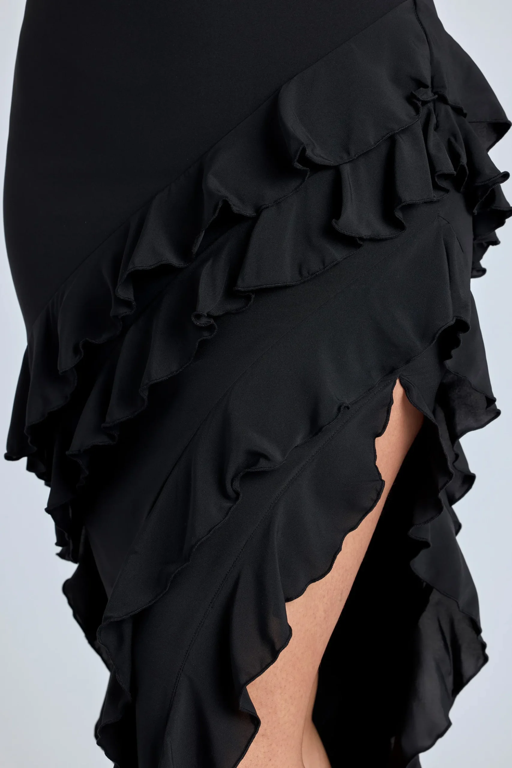 Oh Polly Georgette And Chiffon^Panelled Ruffle Evening Gown in Black