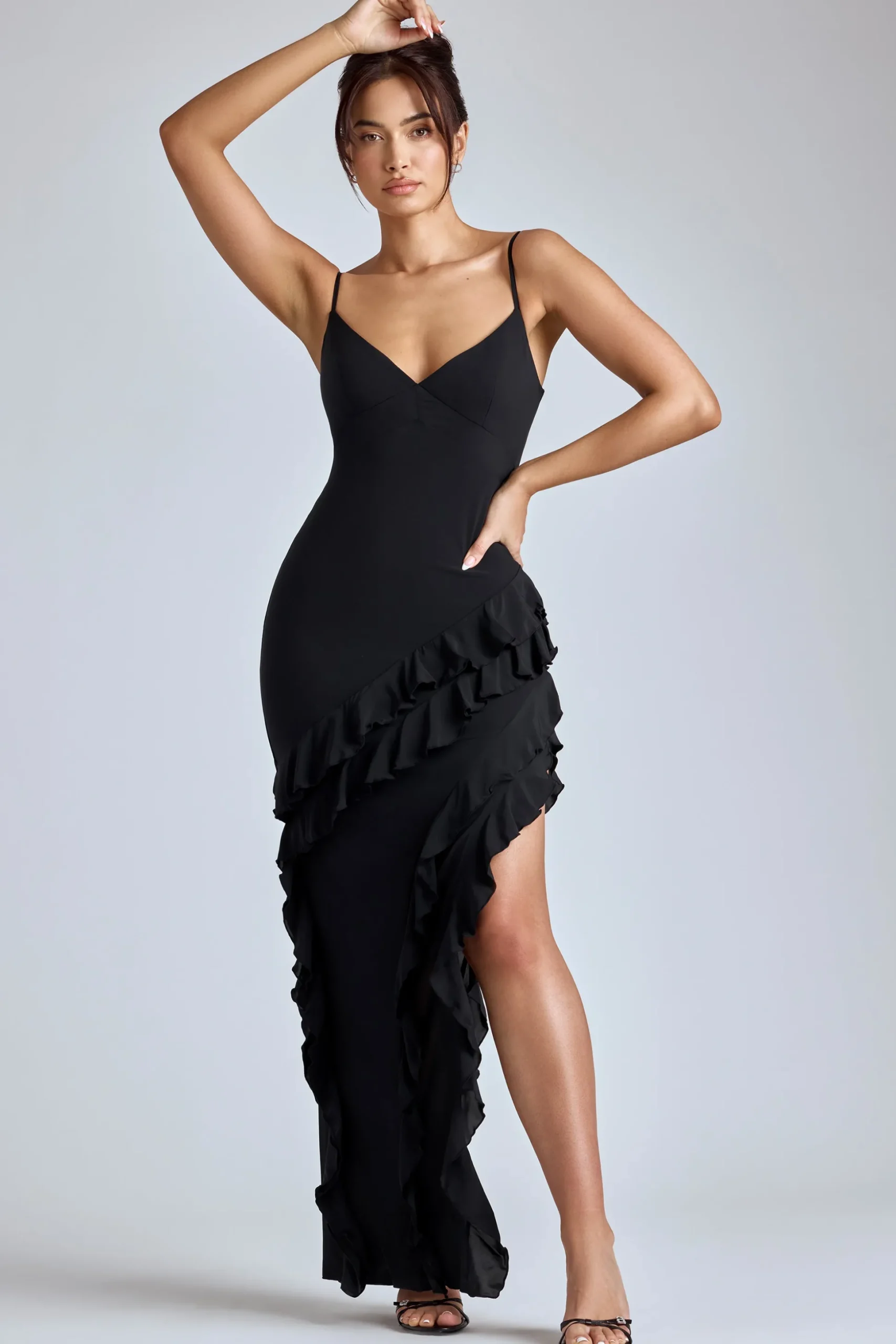 Oh Polly Georgette And Chiffon^Panelled Ruffle Evening Gown in Black