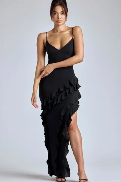 Oh Polly Georgette And Chiffon^Panelled Ruffle Evening Gown in Black