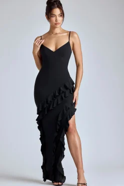 Oh Polly Georgette And Chiffon^Panelled Ruffle Evening Gown in Black