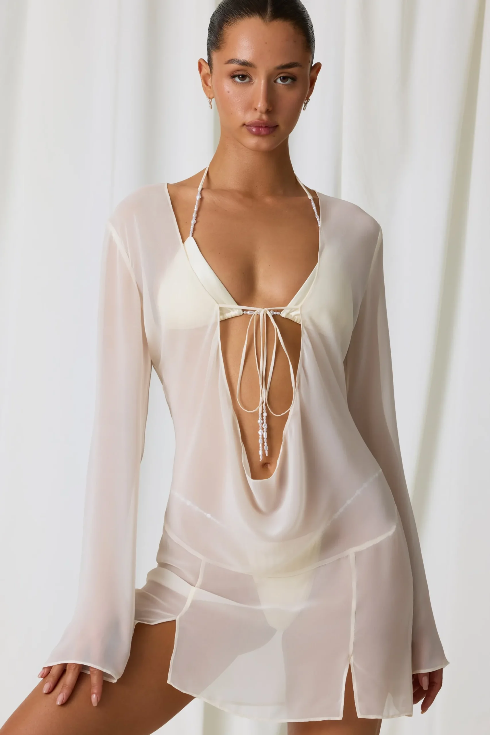 Oh Polly Cover-Ups^Pearl-Detail Cowl-Neck Micro Mini Dress in Pearl White PearlWhite