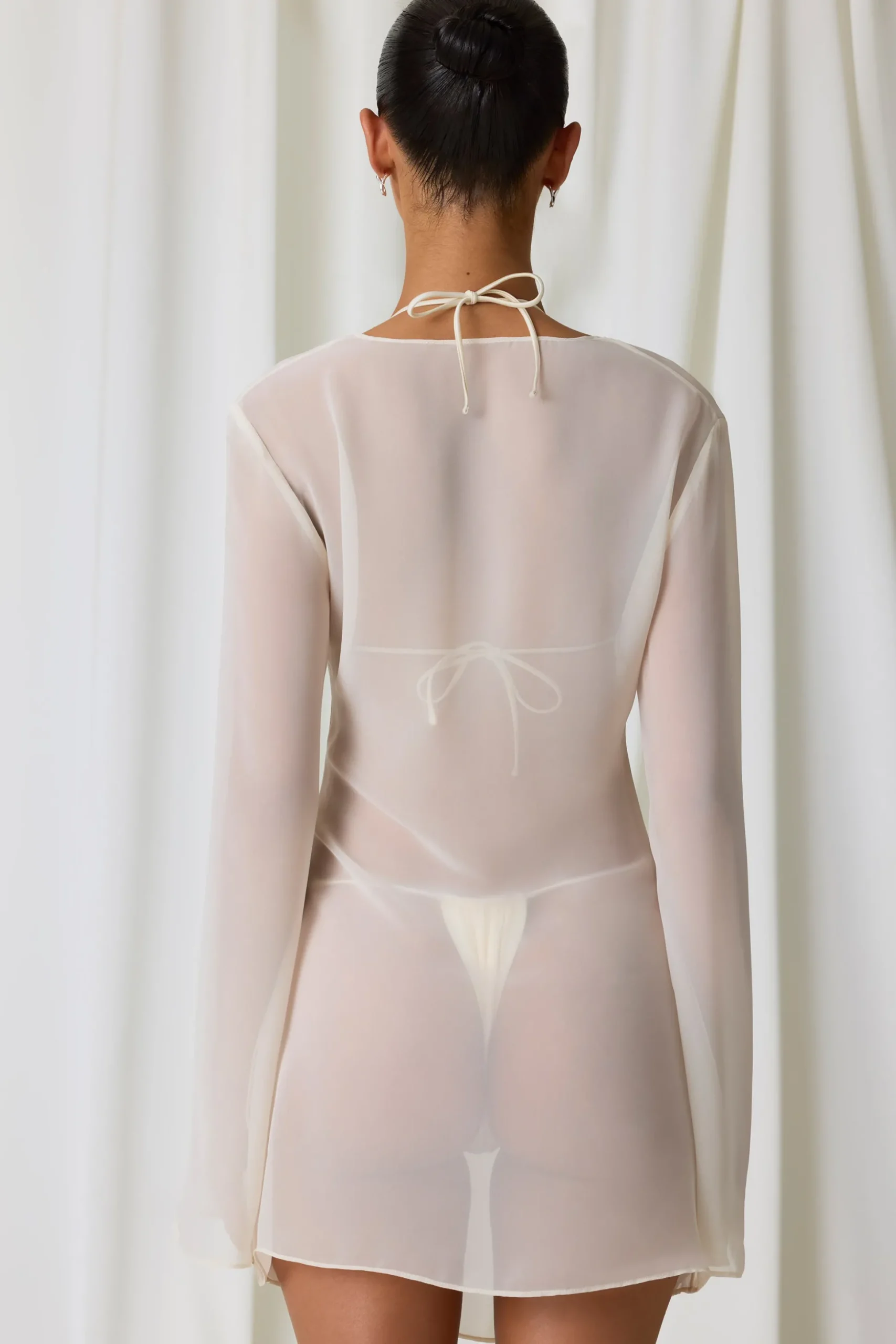 Oh Polly Cover-Ups^Pearl-Detail Cowl-Neck Micro Mini Dress in Pearl White PearlWhite