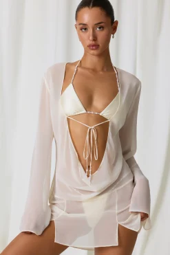 Oh Polly Cover-Ups^Pearl-Detail Cowl-Neck Micro Mini Dress in Pearl White PearlWhite