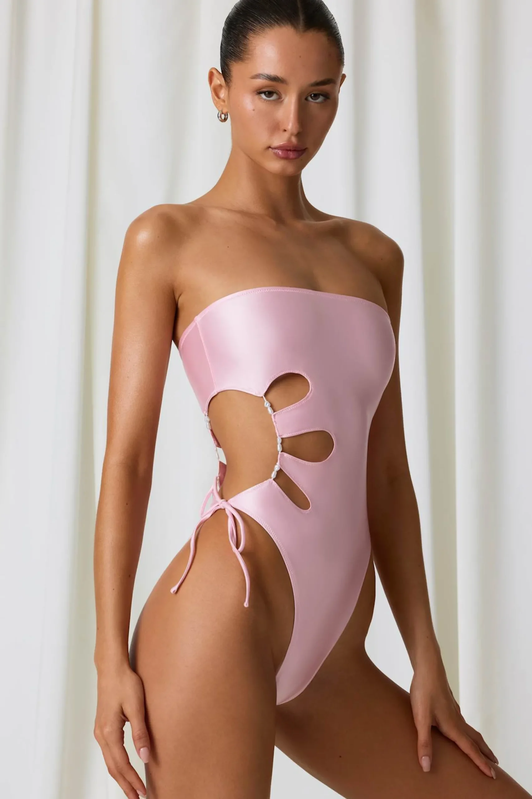 Oh Polly Swimsuits^Pearl-Detail Cut-Out Bandeau Swimsuit in Soft Pink SoftPink