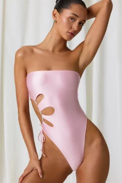 Oh Polly Swimsuits^Pearl-Detail Cut-Out Bandeau Swimsuit in Soft Pink SoftPink