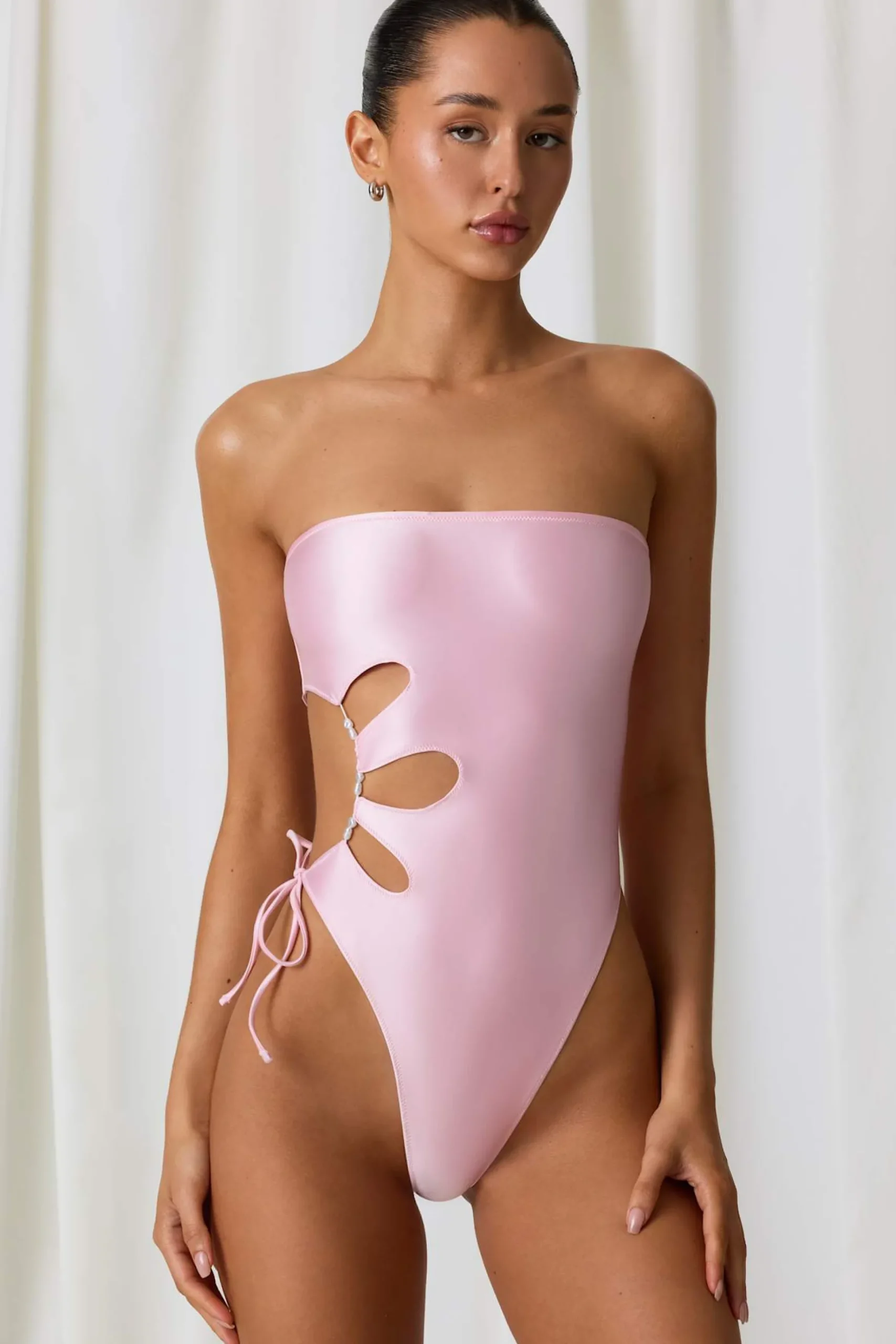 Oh Polly Swimsuits^Pearl-Detail Cut-Out Bandeau Swimsuit in Soft Pink SoftPink