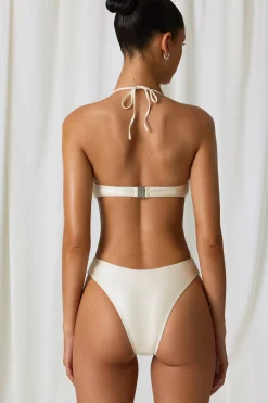 Oh Polly Swimsuits^Pearl-Detail Cut-Out Halterneck Swimsuit in Pearl White PearlWhite