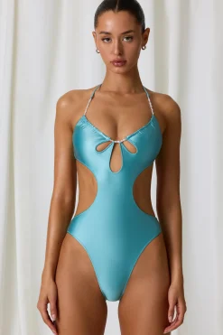 Oh Polly Swimsuits^Pearl-Detail Cut-Out Halterneck Swimsuit in Turquoise