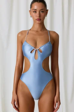Oh Polly Swimsuits^Pearl-Detail Cut-Out Halterneck Swimsuit in Sky Blue SkyBlue