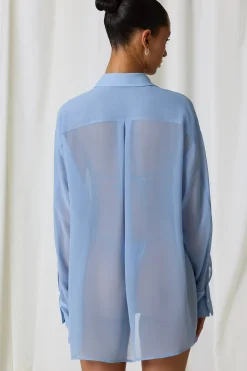 Oh Polly Cover-Ups^Pearl-Detail Oversized Shirt in Sky Blue SkyBlue