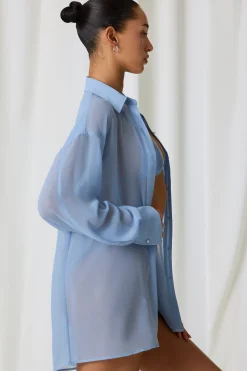 Oh Polly Cover-Ups^Pearl-Detail Oversized Shirt in Sky Blue SkyBlue