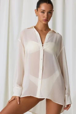 Oh Polly Cover-Ups^Pearl-Detail Oversized Shirt in Pearl White PearlWhite