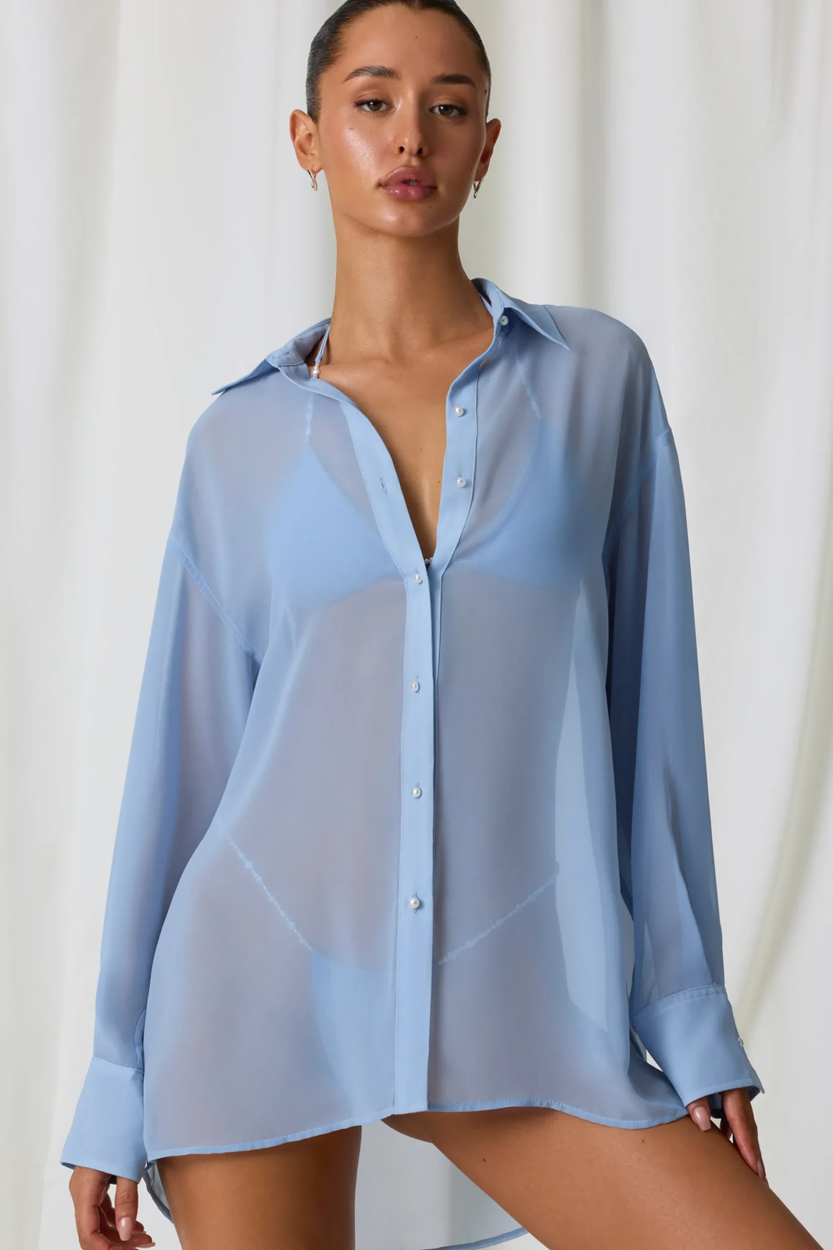 Oh Polly Cover-Ups^Pearl-Detail Oversized Shirt in Sky Blue SkyBlue