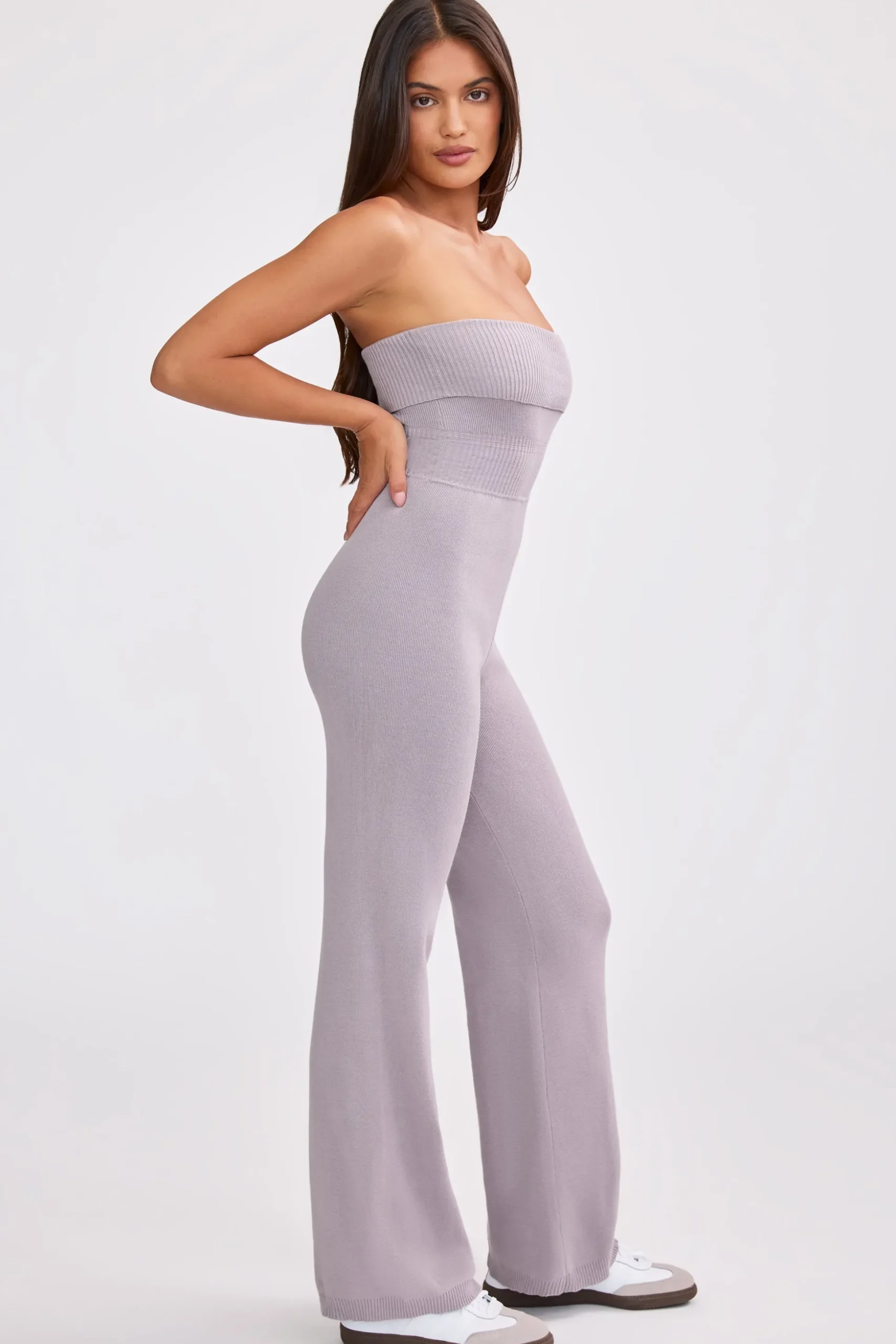 Oh Polly Petite^Petite Bandeau Kick Flare Chunky Knit Jumpsuit in Dusty Lavender DustyLavender