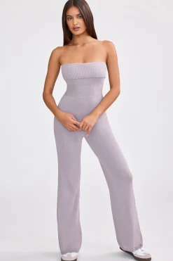 Oh Polly Petite^Petite Bandeau Kick Flare Chunky Knit Jumpsuit in Dusty Lavender DustyLavender