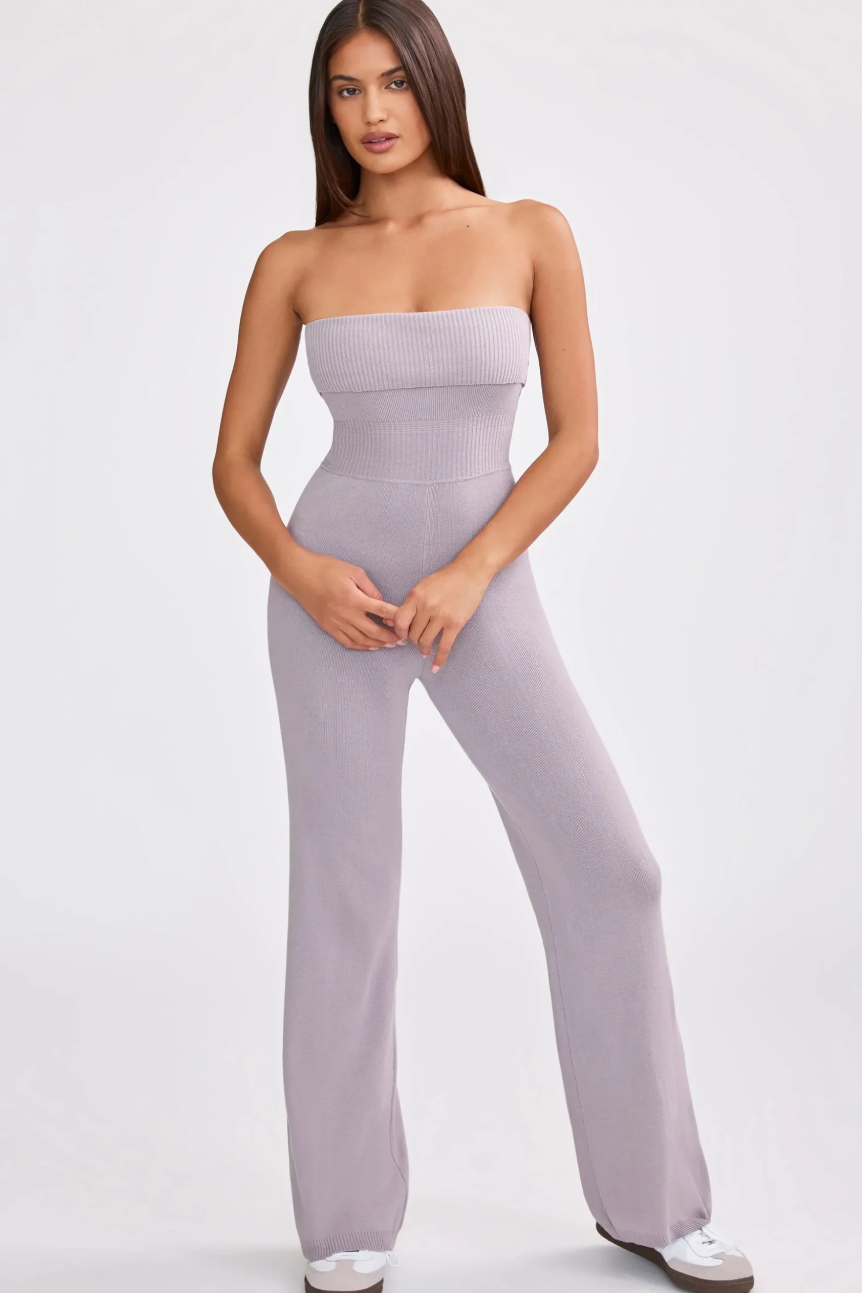 Oh Polly Petite^Petite Bandeau Kick Flare Chunky Knit Jumpsuit in Dusty Lavender DustyLavender