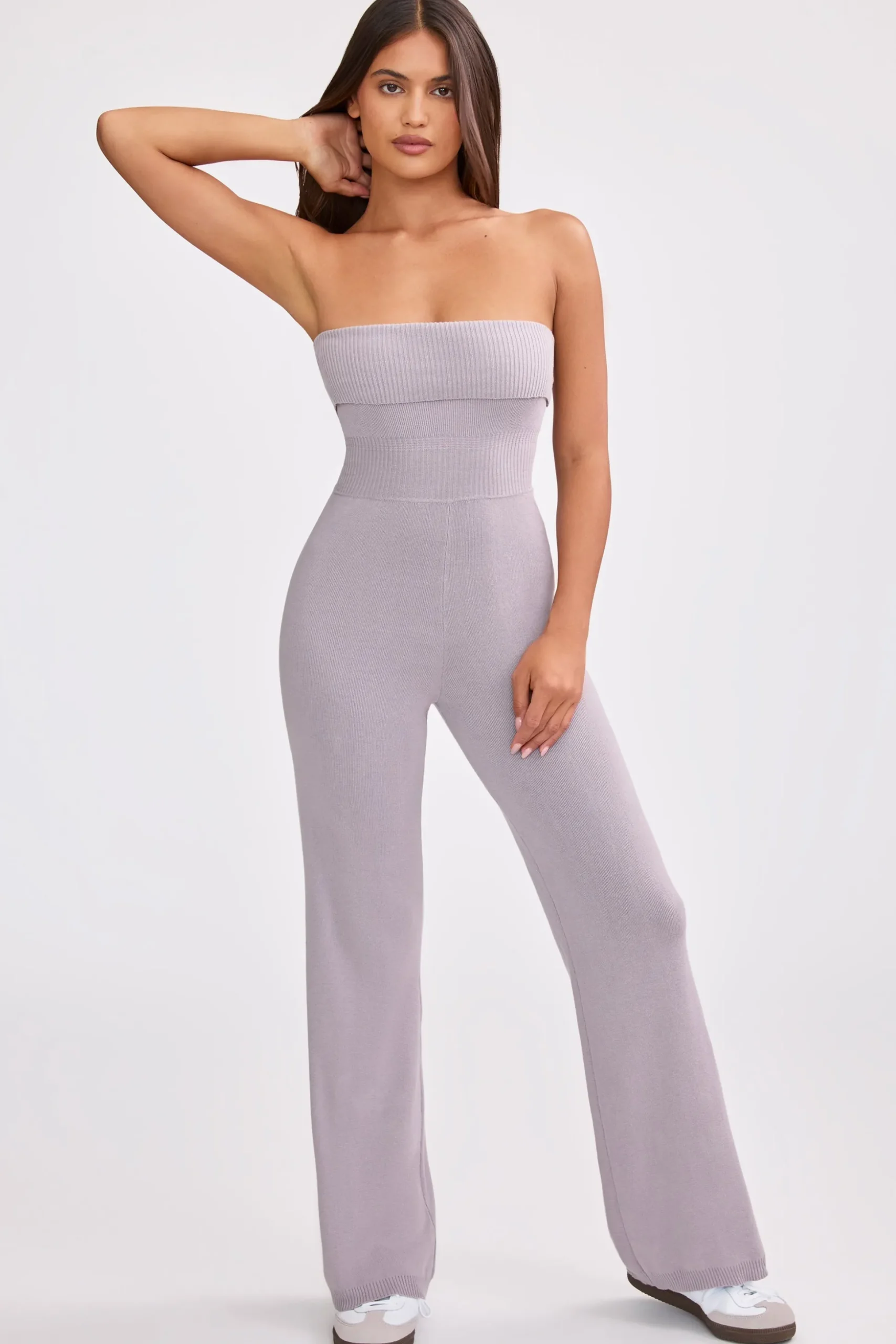 Oh Polly Petite^Petite Bandeau Kick Flare Chunky Knit Jumpsuit in Dusty Lavender DustyLavender