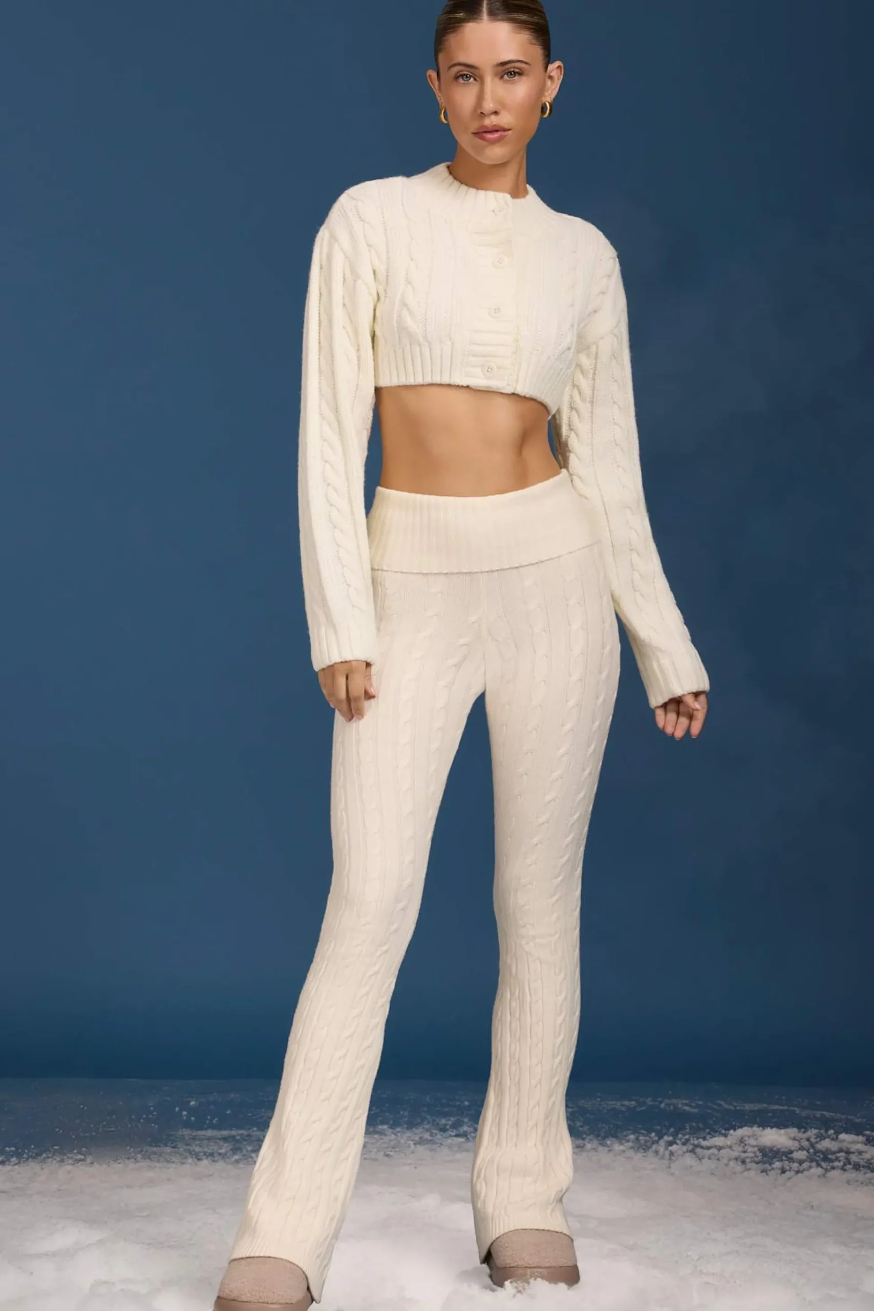 Oh Polly Petite | Knitwear^Petite Cable-Knit Flared Trousers in Cream