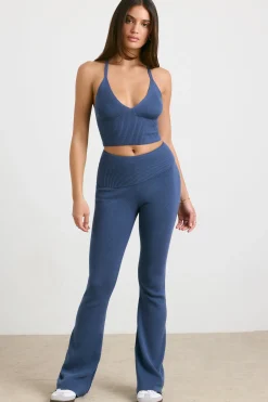 Oh Polly Petite^Petite Chunky Knit Kick Flare Trousers in Washed Navy WashedNavy