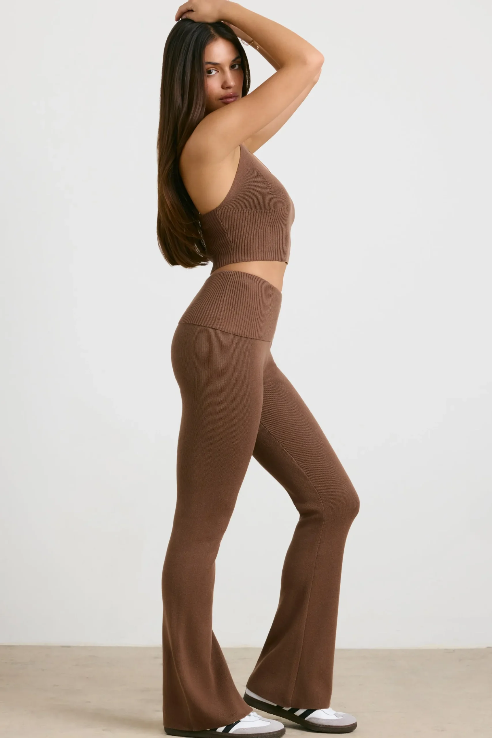 Oh Polly Petite^Petite Chunky Knit Kick Flare Trousers in Espresso